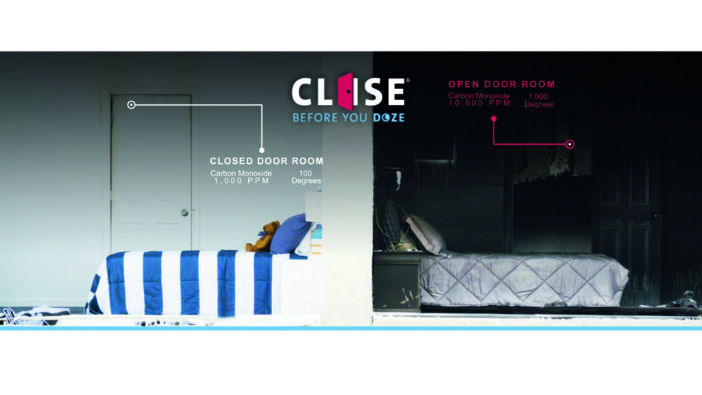 a graphic depicts a burnt and non burnt room, demonstrating the power of closing the door at night