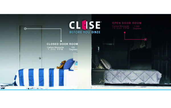 a graphic depicts a burnt and non burnt room, demonstrating the power of closing the door at night