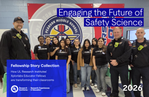 a picture of the cover of the Xplorlabs Educator Fellows story collection, depicting a group of firefighters posing next to students wearing Xplorlabs t shirts.